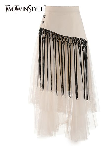 

skirts twotwinstyle patchwork tassels mesh skirt for women high waist a line casual midi skirts female summer clothing style 230403, Black