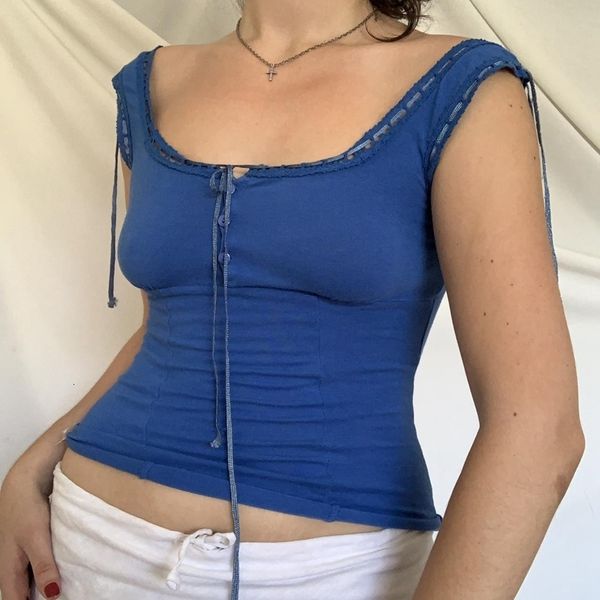 

camisoles tanks y2k tie up ribbons lace trim sleeveless crop summer blue milkmaid tank 90s vintage beach holiday camis vest clothes 230403, Black;white