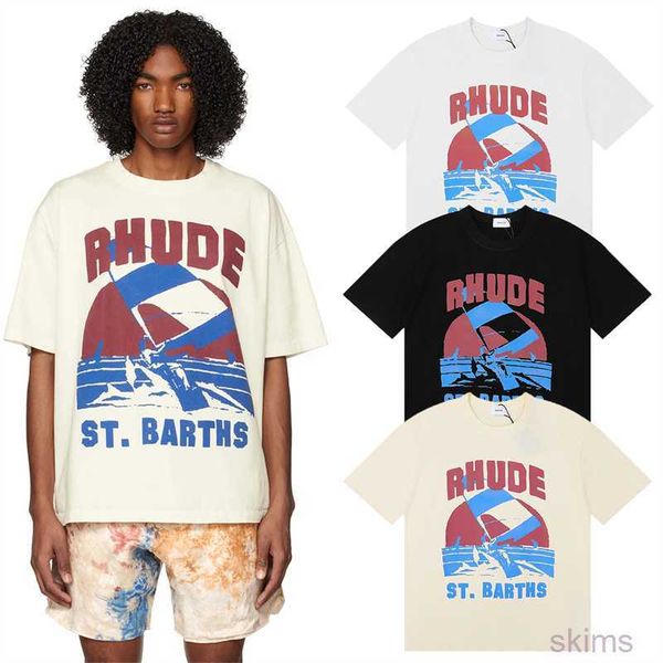 

rhude men's t-shirts short sleeve t-shirt sunset sea sail printing t shirt men women hip hop tee top, White;black