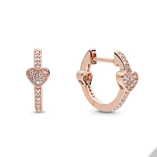 

18k rose gold pave heart hoop earrings for pandora real sterling silver wedding designer earring set for women girlfriend gift love earring, Golden;silver
