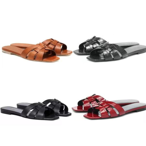 

summer women's sandals genuine leather woven square toe flat leather slippers elegant women's indoor casual shoes romantic couple, Black