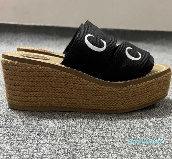 

summer women's woody sandals letter print canvas espadrille platform slides cross 22 comfortable wedges slipper elegance 36-38-40, Black