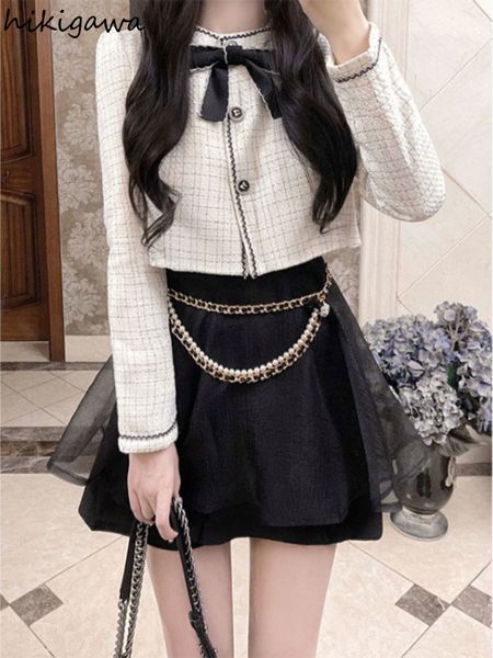 

two piece dress temperament two piece stes women ropa mujer bow lang sleeve jackets mini pleated skirt outfits fashion sweet y2k clothes 230, White