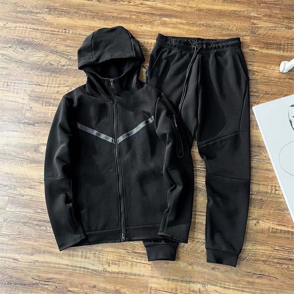 

2023 new thick contrast men's tech fleece pants sports casual suit men's hooded jacket drawstring loose sweater guards tech nology, Black