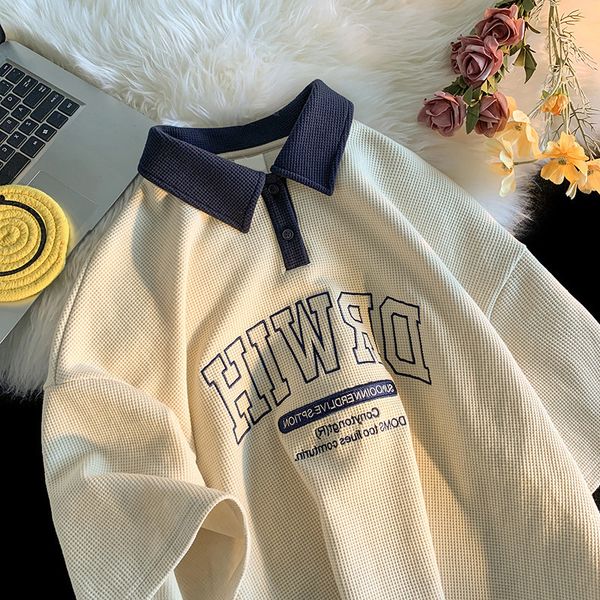 

women s t shirt waffle polo short sleeve women summer harajuku vintage letter chic high street oversized streetwear 230403, White
