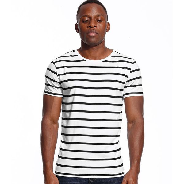 

men's t-shirts wide and narrow striped men's t-shirt striped t-shirt staff neckline men's short sleeve sailor men's 2304, White;black