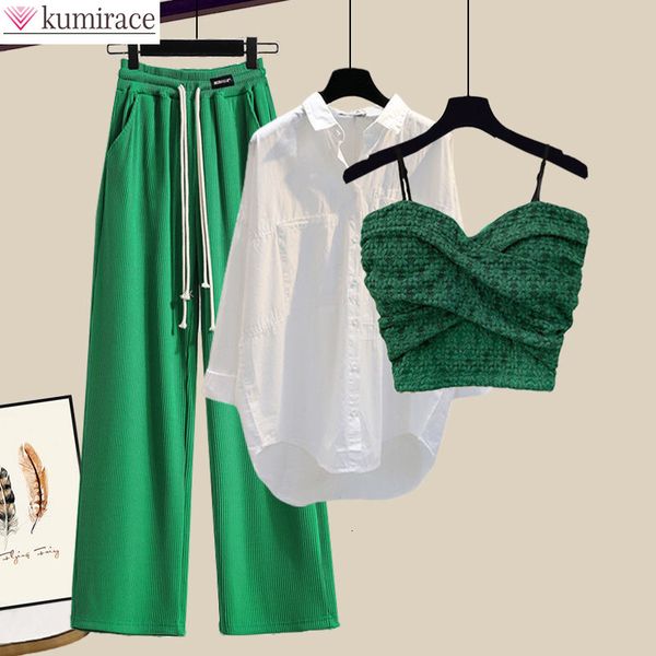 

women s two piece pants 2023 summer wide casual leg trousers white shirt wave bra vest three elegant set tracksuit 230403