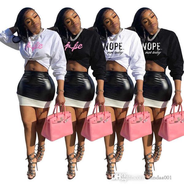 

designer women two piece dress outfits letter print long sleeve t-shirt and pu leather skirt suits skirts short sets, White