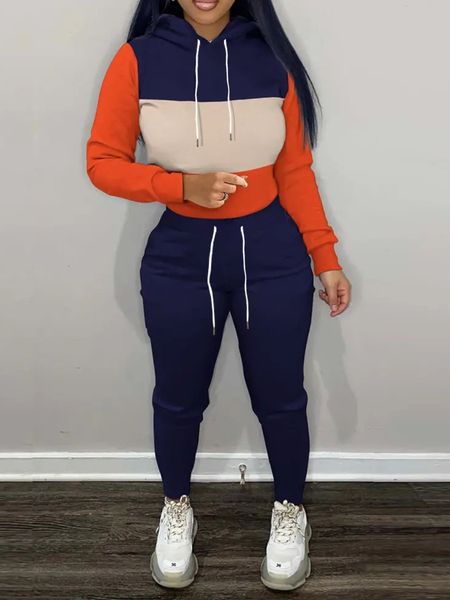 

women's two piece pants lw 2pc hooded collar color lump patchwork pocket tracksuit set colorblock figure print long sleeve hoodie draws, White
