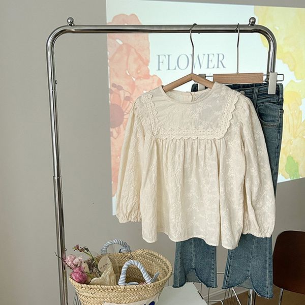 

kids shirts deer jonmi spring baby girls lace embroidery shirt lantern sleeve korean toddler children's princess shirt 230403, White;black