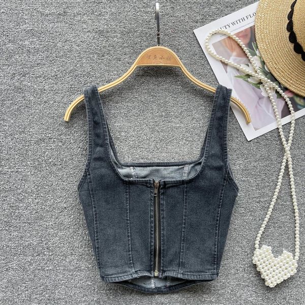 

camisoles tank summer imitation denim camis wide shoulder strap zipper tank square collar corset korean fashion solid color crop 230403, Black;white