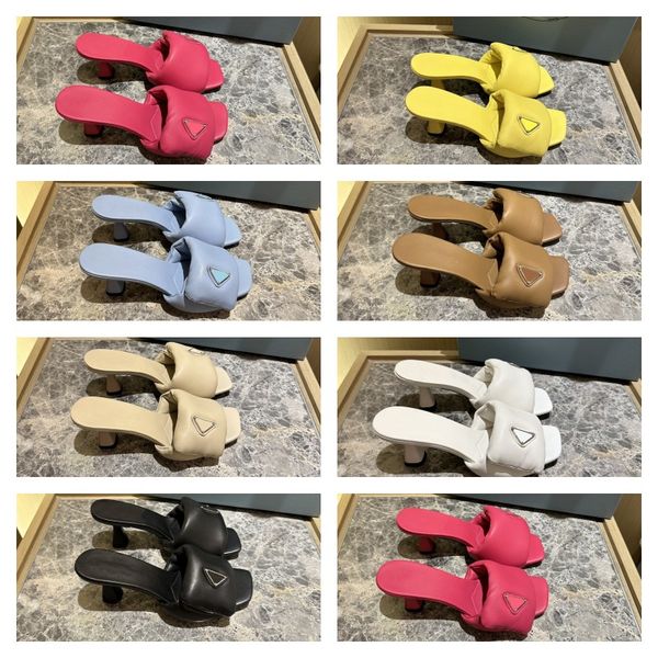 

designer soft padded nappa sandals triangle logo pillow slippers sandals high heels mules summer leather heels slipper women fashion slides, Black