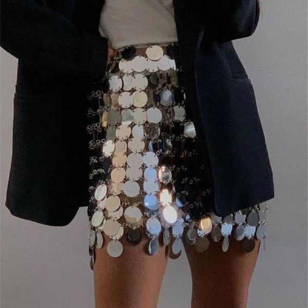 

skirts trendy shiny sequins mini skirts for women double-layer hollow out solid short bottom nightclub party festival sparkly skir 230403, Black