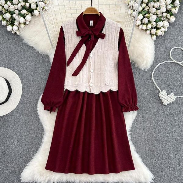 

fancy woman work dresses sweet dress set woman corduroy butterfly turn down collar long sleeve women v neck single-breasted knit sweater ves, White;black