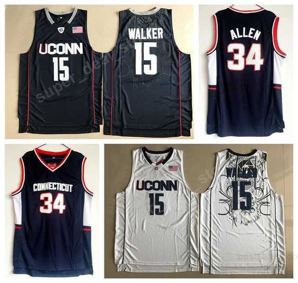 

uconn huskies jerseys college basketball 15 kemba walker jersey 34 ray allen navy blue white all stitched on ing, Black
