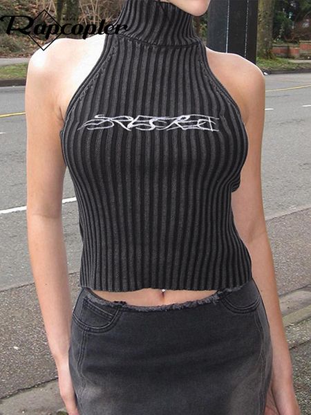 

women s tanks camis rapcopter printed knitted tank turtleneck sleeveless vintage grey grunge women punk streetwear mini vest 90s 230403, White