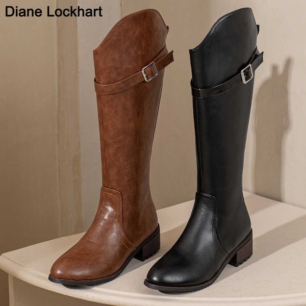

british style knee high boots for women belt buckle long knight bottes vintage female combat boot women low heels shoes brown 42 230403, Black