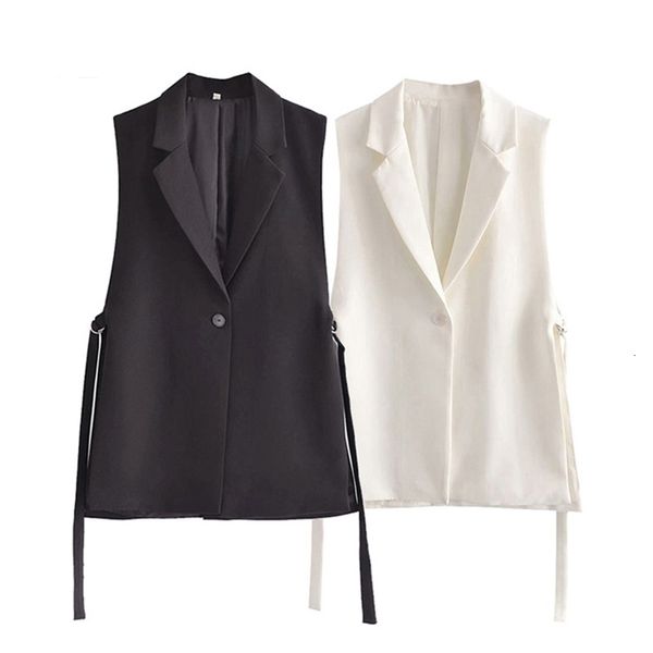 

women s vests traf women fashion with tabs single button office wear waistcoat vintage sleeveless side vents female vest coat chic veste 230, Black;white