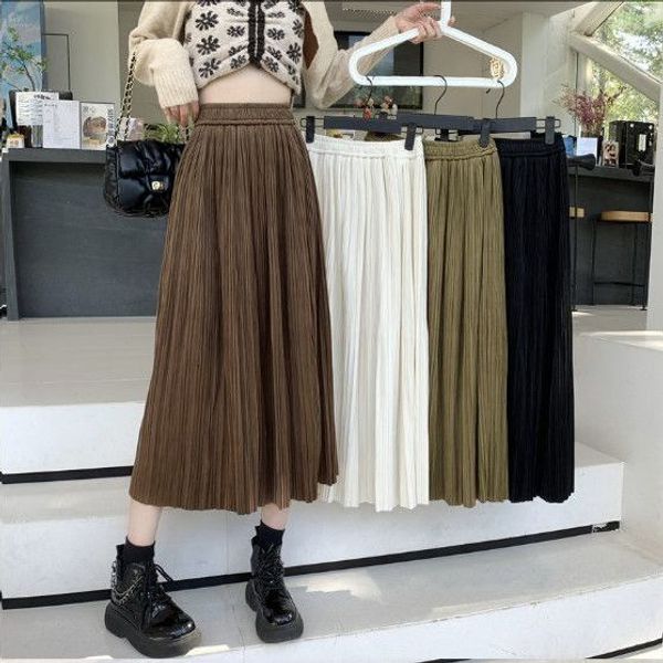 

skirts long corduroy high waist elastic fold skiing women's korea elegant vintage midi skiing women's autumn winter thick a-line s, Black