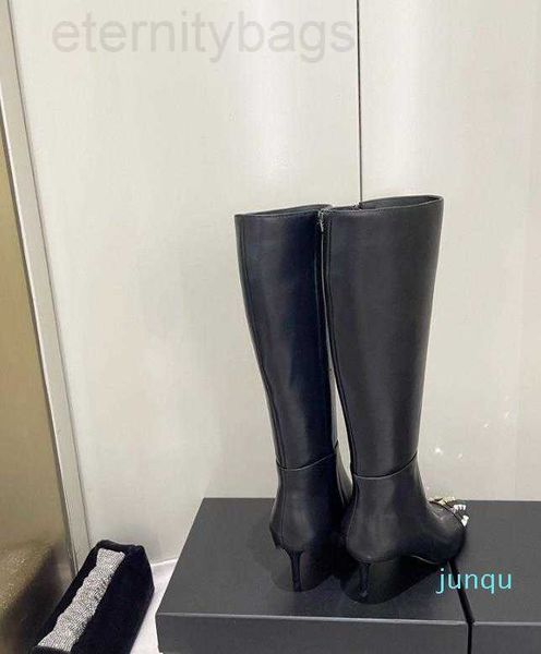 

winter autumn and 2022 new high boots willow nail pointed thin leg elastic boots leather knee length women's 088 ccity, Black