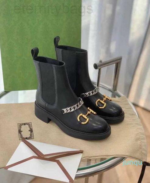 

women's 2022-luxury chelsea boot with chain gold-tone ankle boots lady black leather martin booties eu35-40 ggity