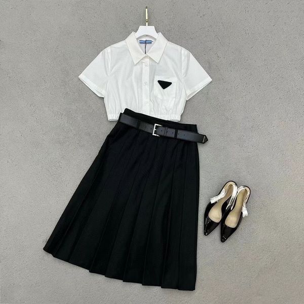 

woman two piece dress womens casual long skirt fashion short tee shirt set summer commute suit women elegant pleated skirts sets with belt, White