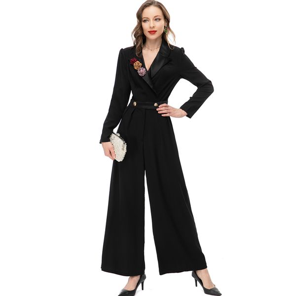

women's runway jumpsuits& rompers notched collar long sleeves appliques wide leg elegant fashion pants, Black;white