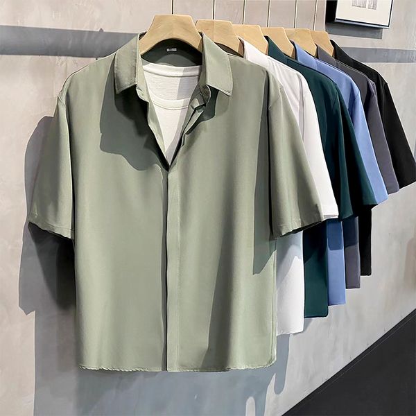 

men's casual shirts summer cool men short-sleeved shirt anti-wrinkle solid color fashion office casual loose button pocket shirt male c, White;black