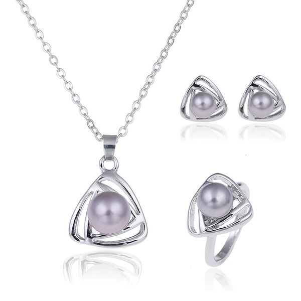 

10sets/lot hollow triangle pendant necklace ear studs ring sets inlaid imitation pearl noble and elegant decorate adjeustable length valenti, Silver