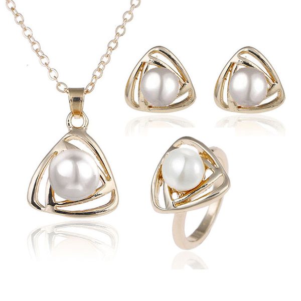 

wholesale hollow triangle pendant necklace ear studs ring sets inlaid imitation pearl noble and elegant decorate adjeustable length valentin, Silver