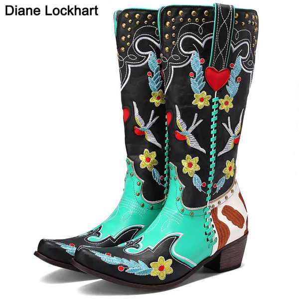 

dropship fashion mixed color knee-high great quality women shoes plus size 43 embroider western boots comfy walking corral boots 230403, Black