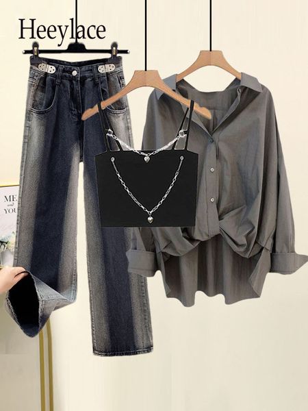 

women s two piece pants summer streetwear y2k jeans 3 pieces set korean casual chain vest long sleeve sunscreen denim long sets for 230403, White