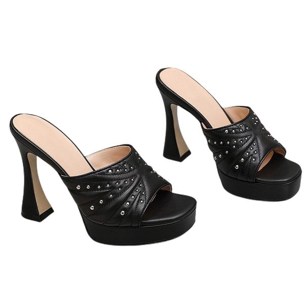 

womens summer high platform block heeled mule sandals slide slipper shoes elegant studded genuine leather open toe, Black