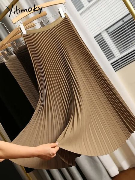 

skirts yitimoky long pleated skirts for women spring fall chic elastic band fashion a line elegant office ladies luxury midi skirt 230403, Black