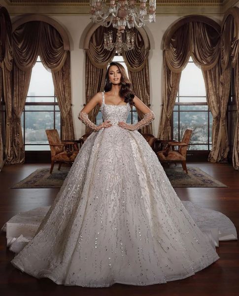 

luxury ball gown wedding dresses long sleeves bateau straps sequins appliques ruffles bridal gowns diamonds formal dress plus size custom ma, White
