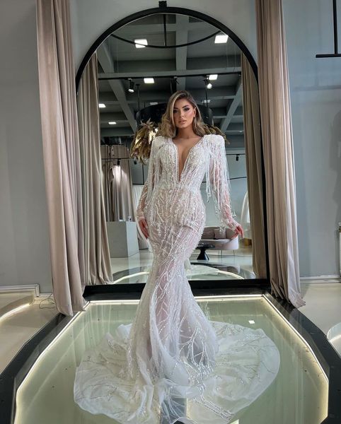 

mermaid wedding dresses long sleeves v neck beaded sequins appliques lace pearls 3d lace hollow tassel beaded bridal gowns plus size vestido, White