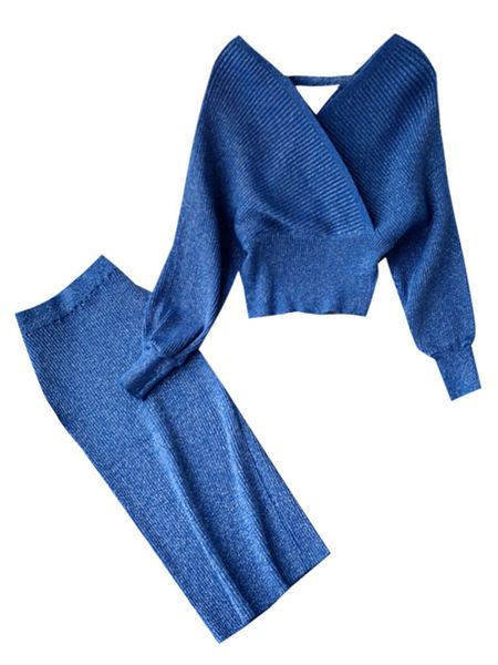 

two piece dress women's high waist bright silk knit bag hip skirt two-piece fashion v-neck sweater bat sleeve two-piece women's se, White