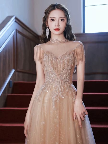 

elegant bridesmaid dress crystal beading tassel applique party tulle illusion a line with zipper woman banquet evening prom gown, White;pink