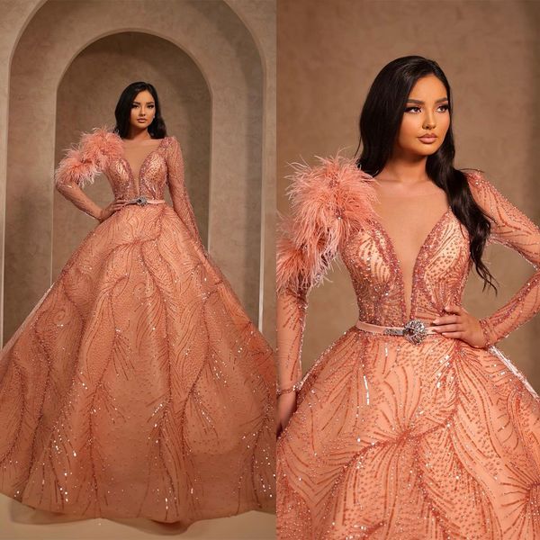 

gorgeous ball gown prom dresses deep v-neck applicant beads belt feathers prom custom made zipper party dress plus size vestido de noite, Black