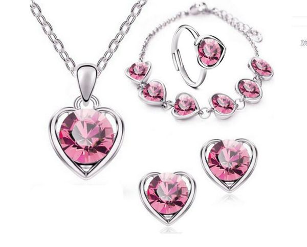 

heart-shaped pendant necklace ear studs bracelet ring 4 pcs sets inlaid rhinestone crystal twinkle decorate adjeustable length valentine&#03, Silver