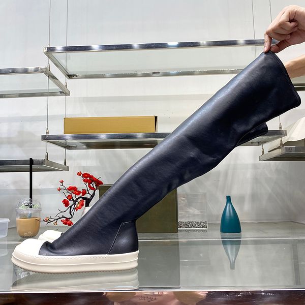 

women's elastic leather over knee boots thigh high winter round owens luxury casual shoes sneakers designer flats thick sole men's, Black