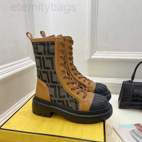 

ff fend biker woman leather boots brown gray jacquard motif combat boot martin boots laces and side zipper fashion booties ccity, Black