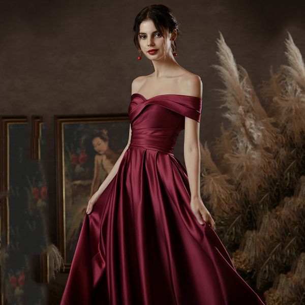 

satin dark red bridesmaid dresses off shoulder a line strapless pleated arabic dubai formal party evening prom toast gowns, White;pink