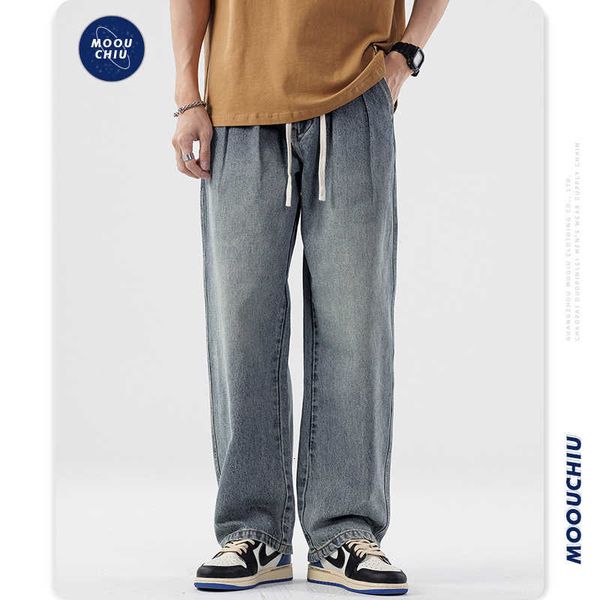 

muqiu men's clothing 2023 spring and autumn new jeans fashion brand drawstring loose straight casual american wide leg, Blue