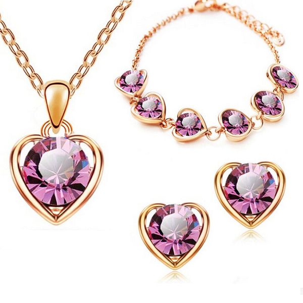 

heart-shaped pendant necklace ear studs bracelet sets inlaid rhinestone crystal twinkle decorate adjeustable length american style ornaments, Silver