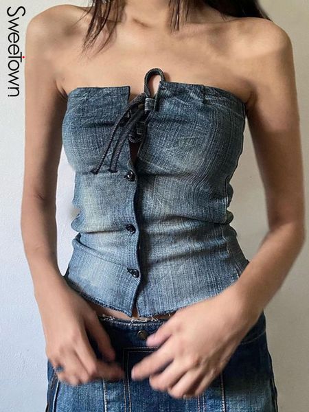 

camisoles tanks sweetown blue y2k denim bandage corset button tube washed vintage aesthetic sleeveless strapless slim crop tees 230403, Black;white