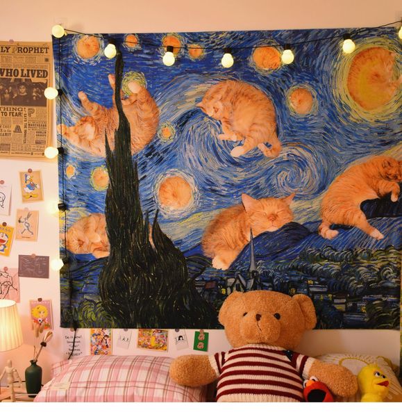 

starry sky orange cat background cloth vintage oil painting art hanging cloth rental house renovation bedroom dormitory bedside decoration t