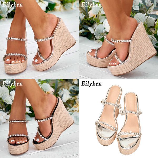 

sandals new crystal platform wedges slippers summer peep toe shoes woman super high mules female sandals 230316, Black