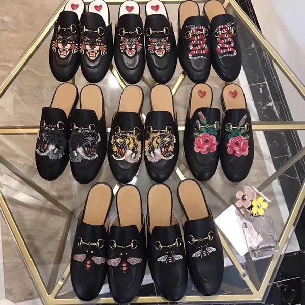 

mules leather slippers 100% real leather designer mules luxury size 34-46 women men jacquard leather slipper jumbo aaa canvas flat shoes hor, Black