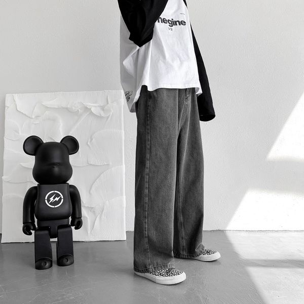 

men's jeans belt jeans men's fashion bag grey wide leg jeans men's street clothing harajuku loose hip hop straight leg jeans, Blue